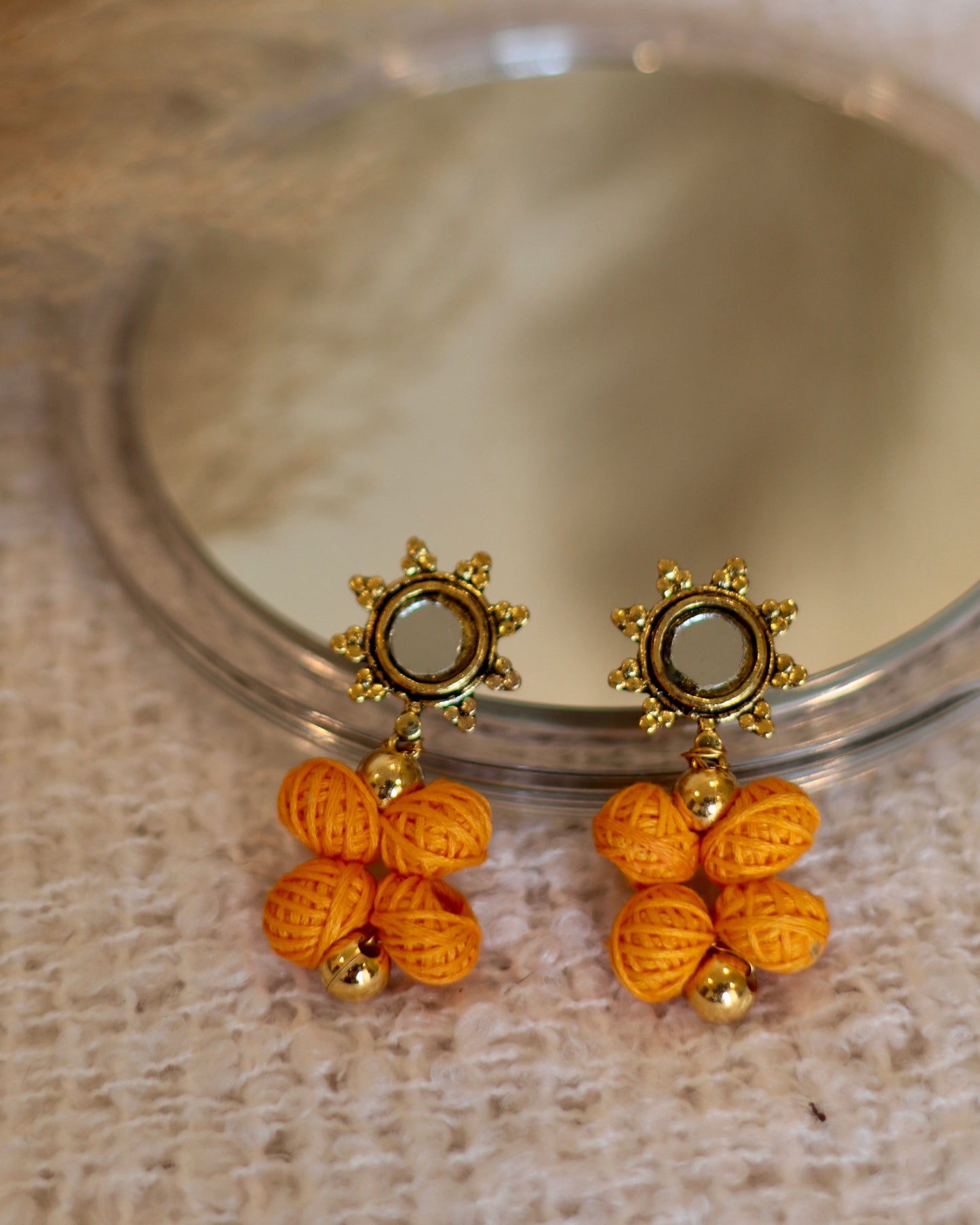 Handmade Thread Ball Earrings with Mirror Accents