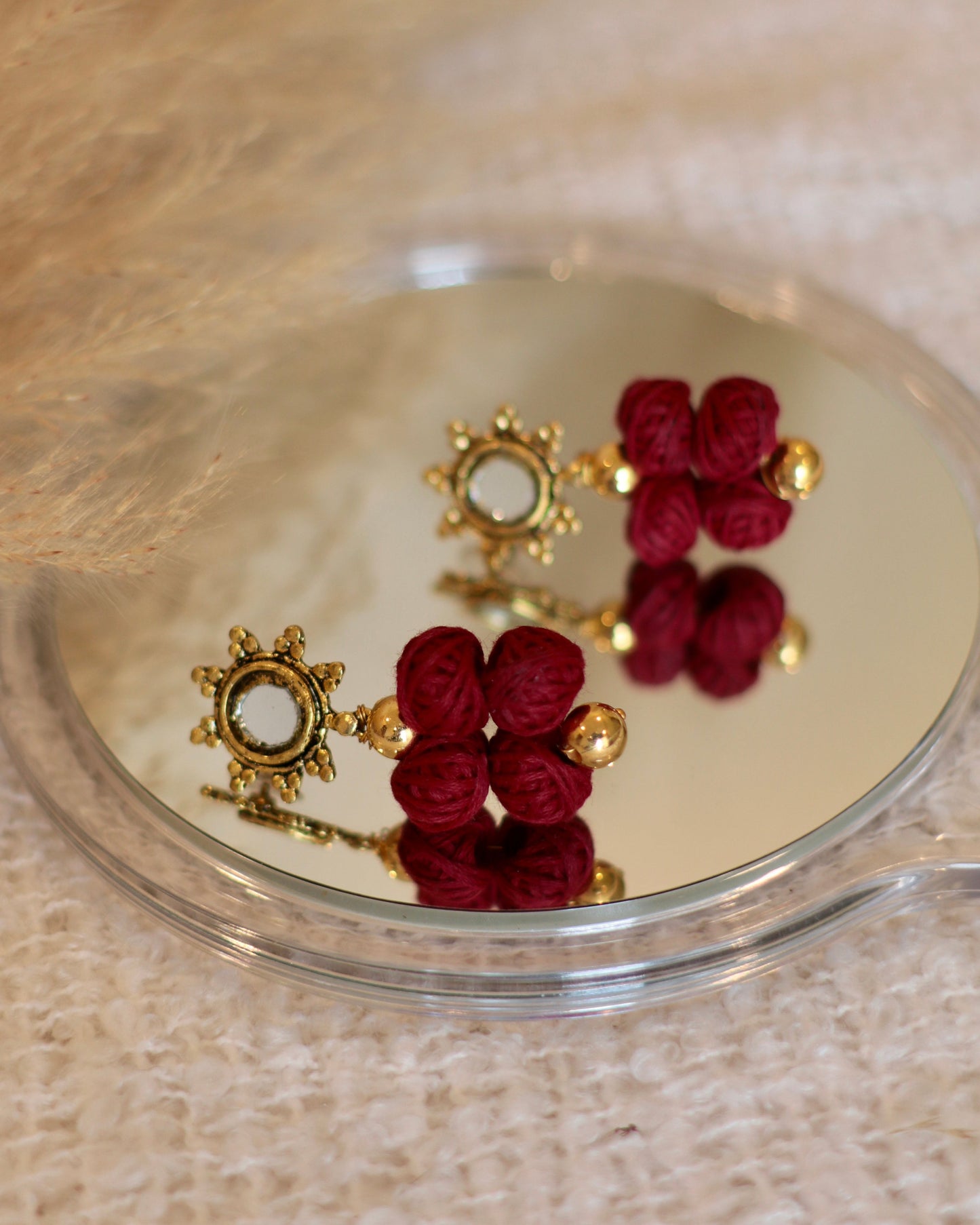 Handmade Thread Ball Earrings with Mirror Accents