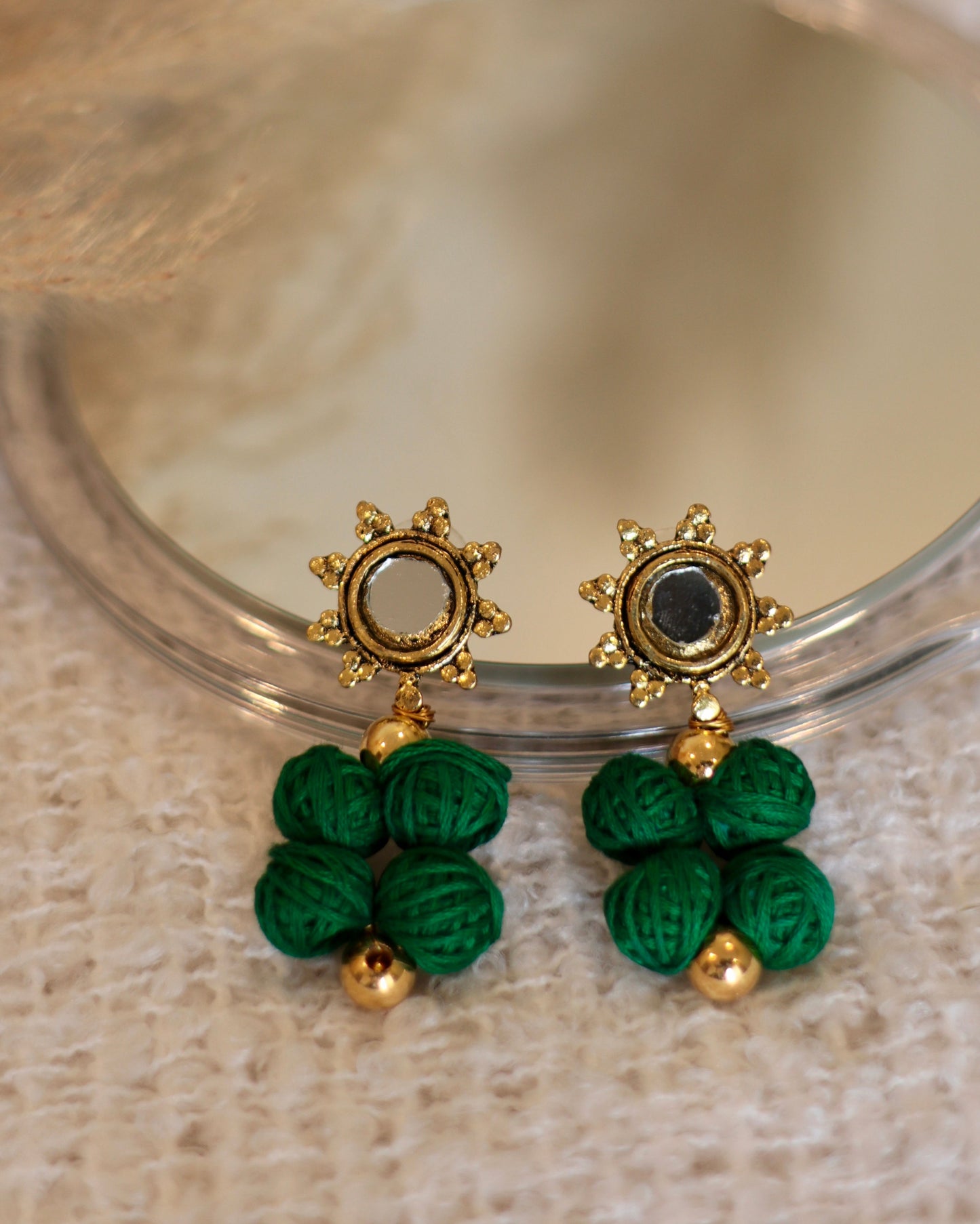 Handmade Thread Ball Earrings with Mirror Accents