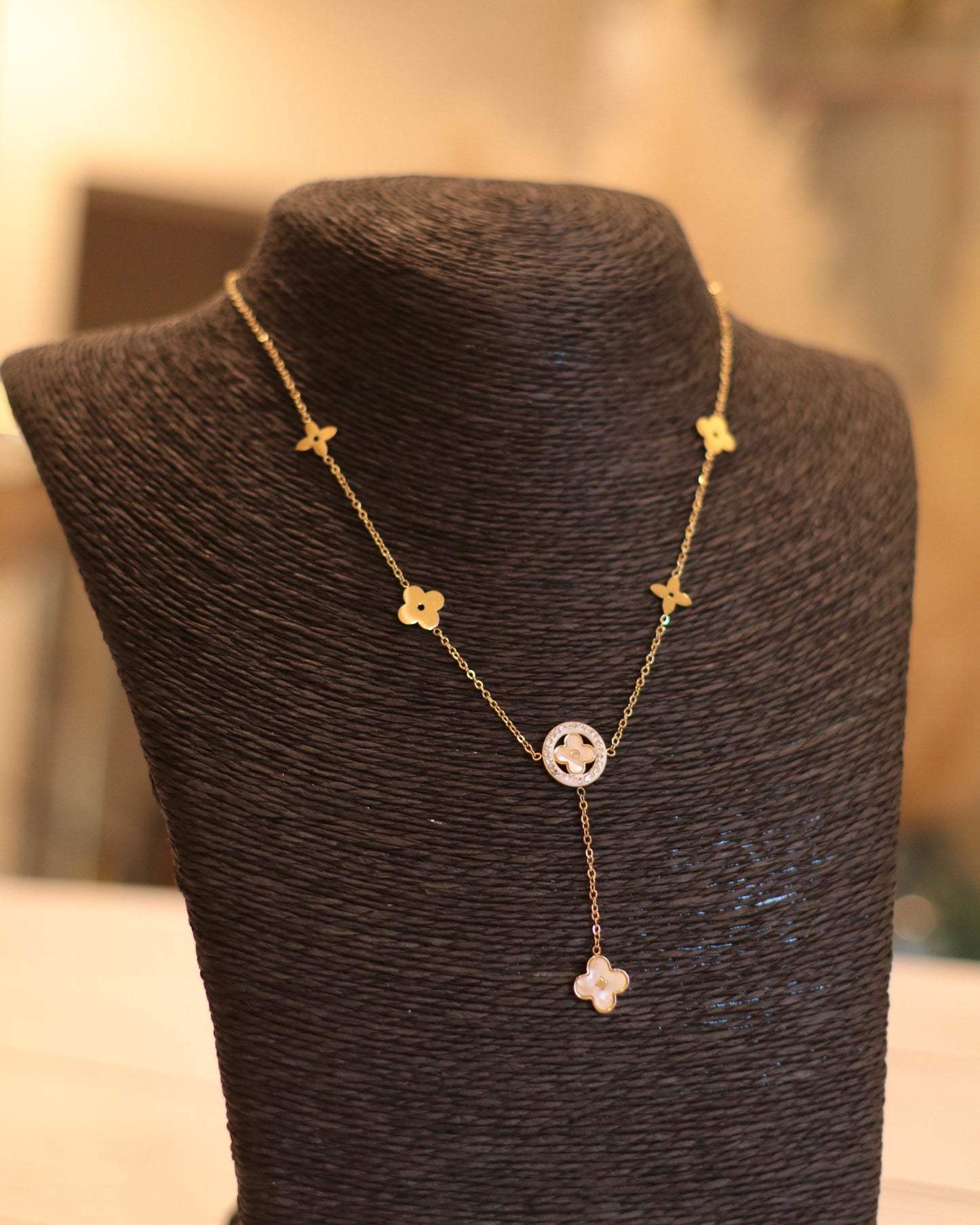 Lucky Charm Long Necklace with Mother of Pearl Clovers