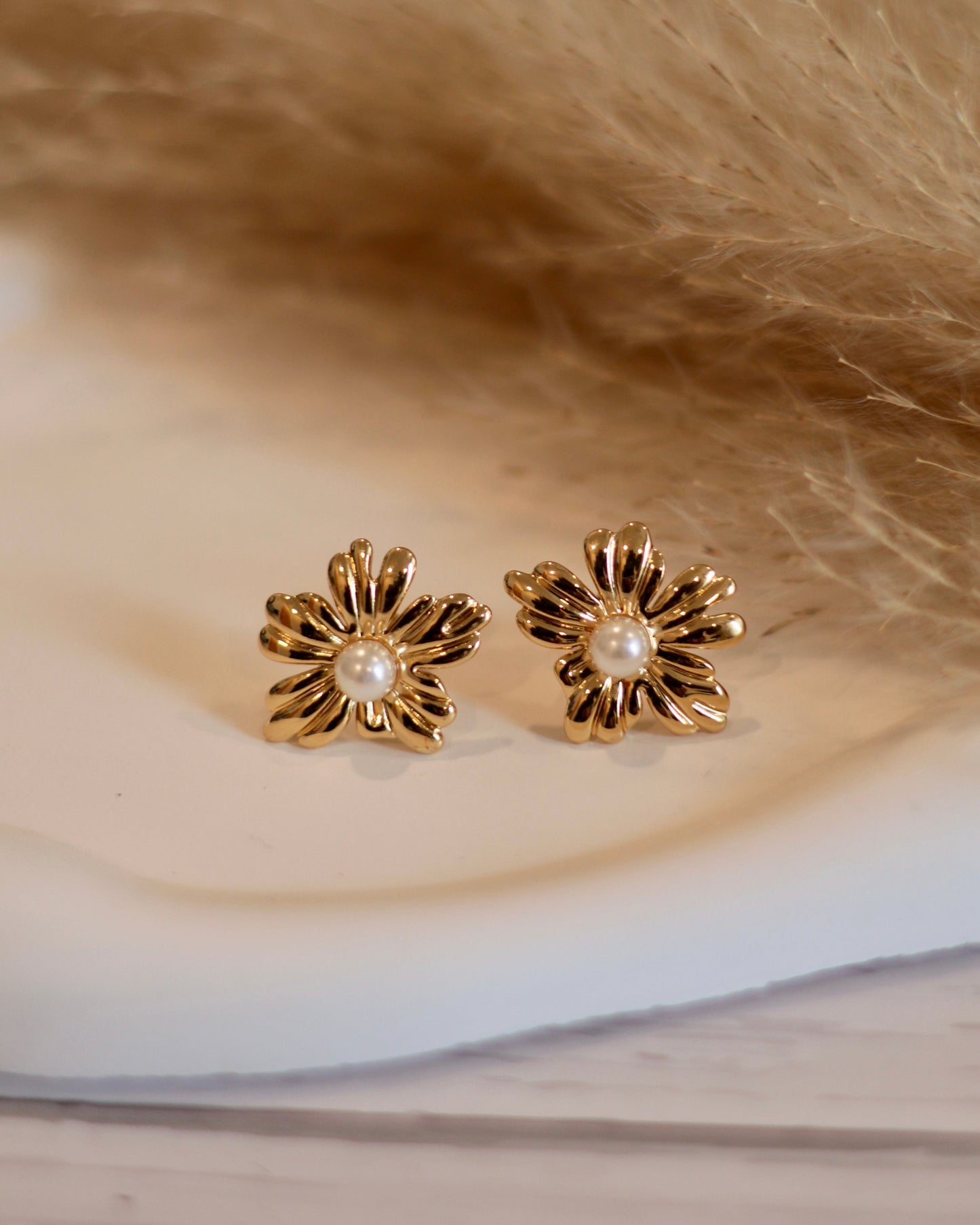 Modern Gold Flower & Ball Stud Set with Pearl Accent - Set of 3
