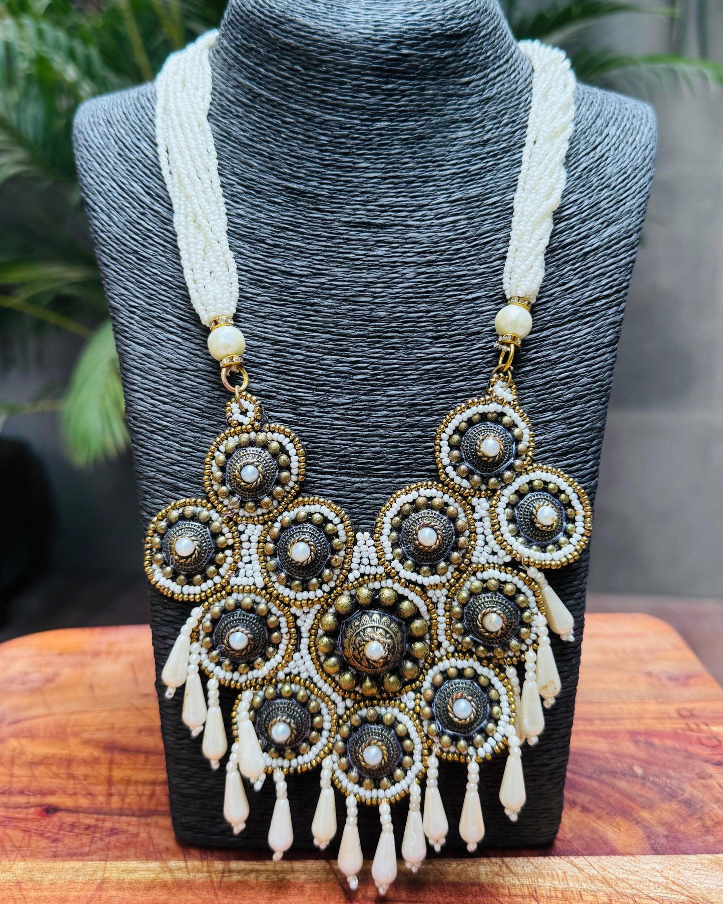Statement Necklace and Long Earring Set with White & Bronze Beads