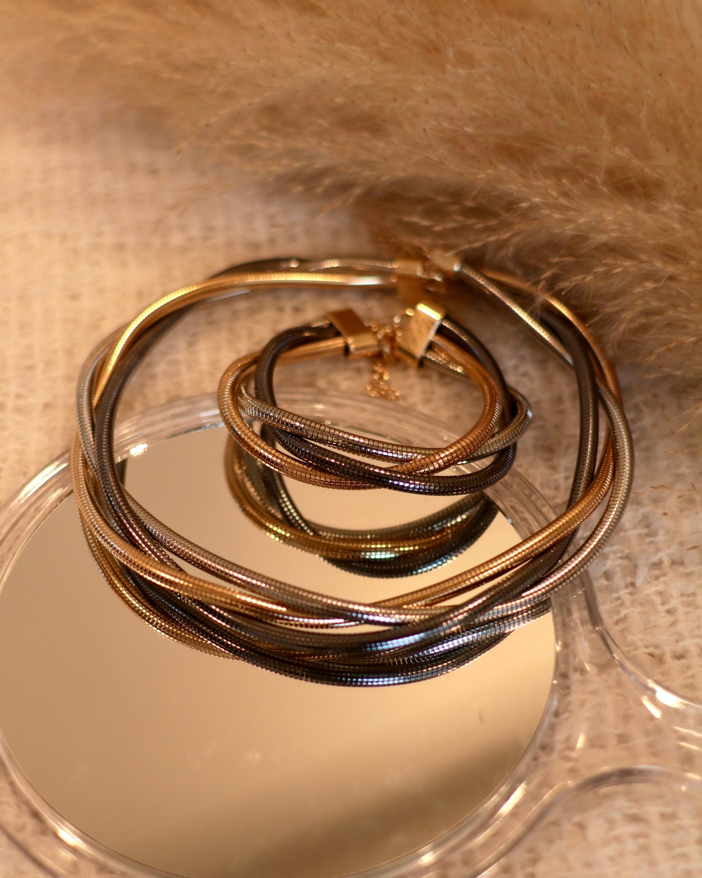 Stylish Gold, Silver & Gunmetal Braided Necklace and Bracelet - Set of 2