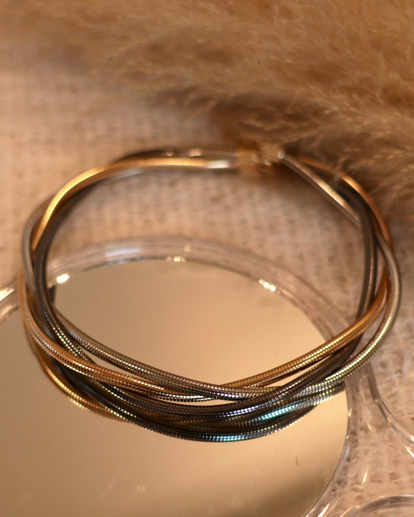 Stylish Gold, Silver & Gunmetal Braided Necklace and Bracelet - Set of 2