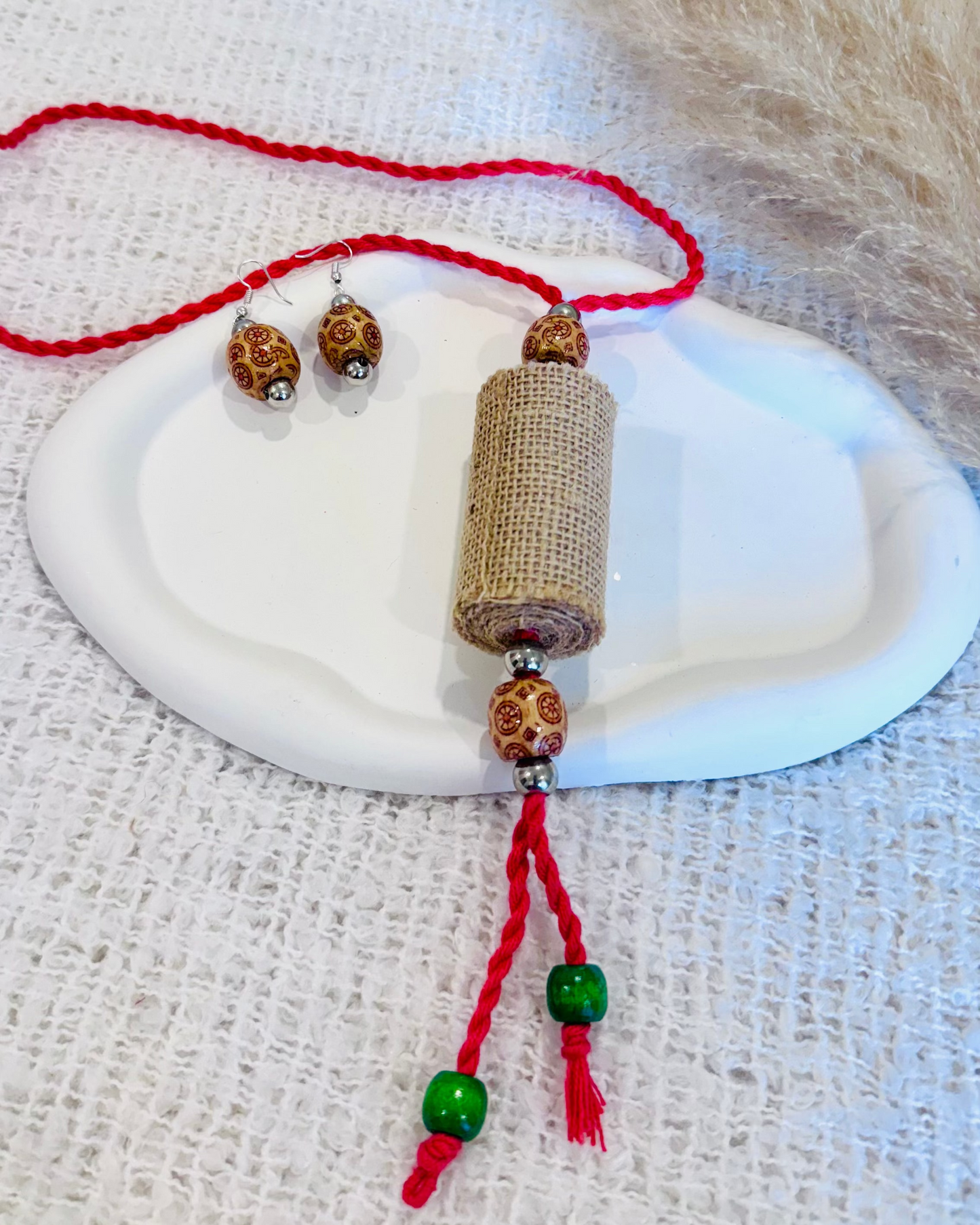 Tribal Beaded Jute Necklace and Earring Set