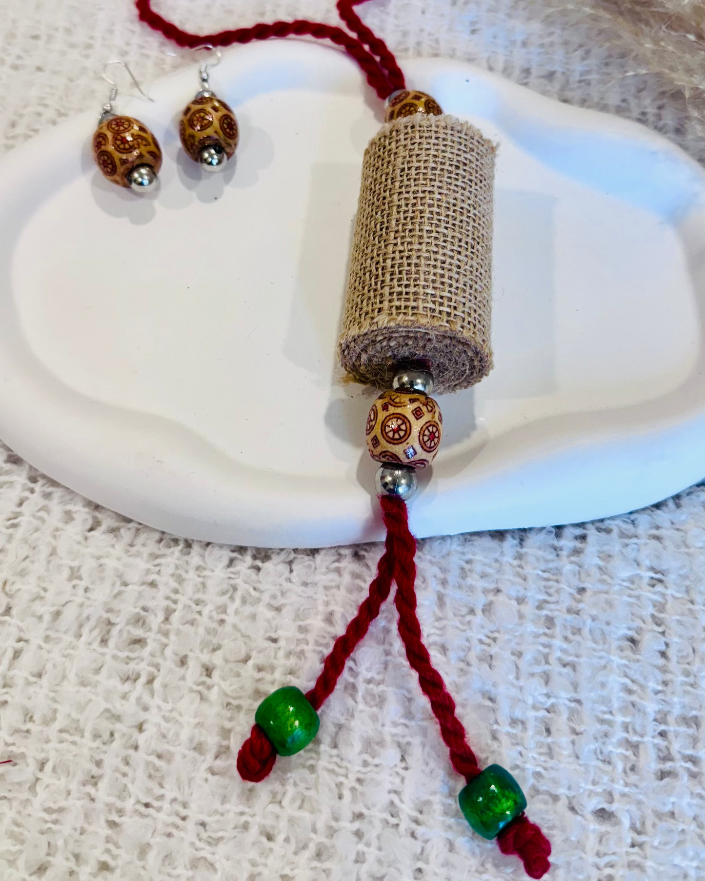 Tribal Beaded Jute Necklace and Earring Set