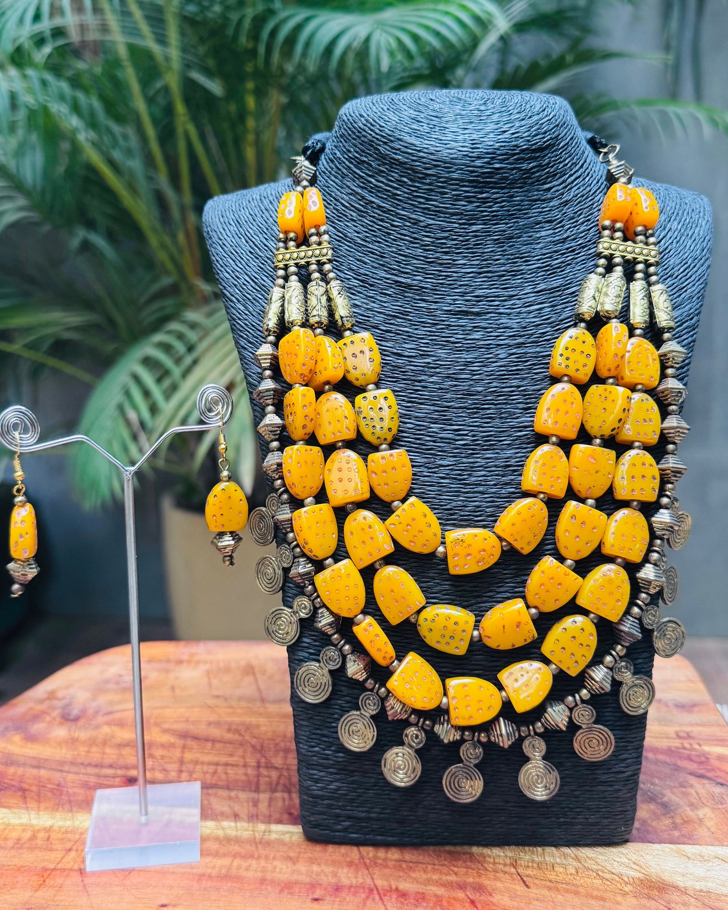 Tribal Chunky Yellow Beaded Necklace with Silver Accents and Matching Earrings