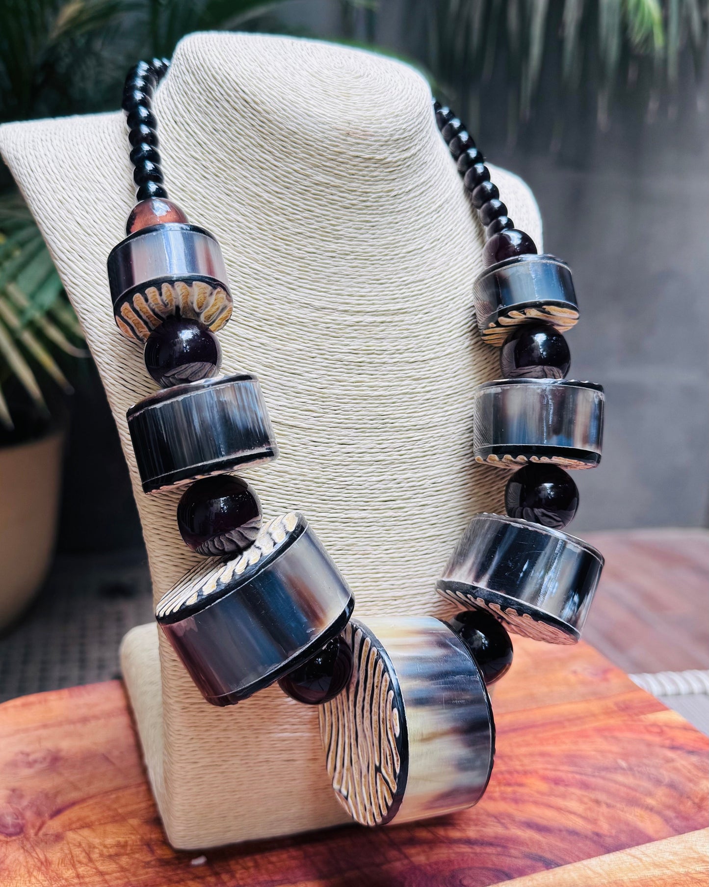 Tribal Statement Necklace with Horn and Wood Beads
