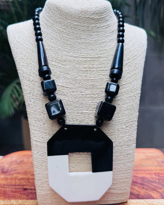 Artisan Geometric Statement Necklace with Black & White Oversized Pendant - Occean By Soumali