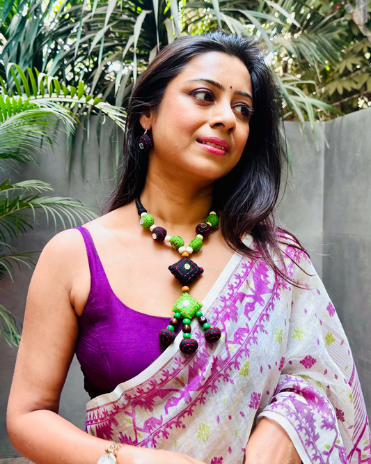 Artisan Kantha Stitch Beaded Necklace Set with Geometric Pendant