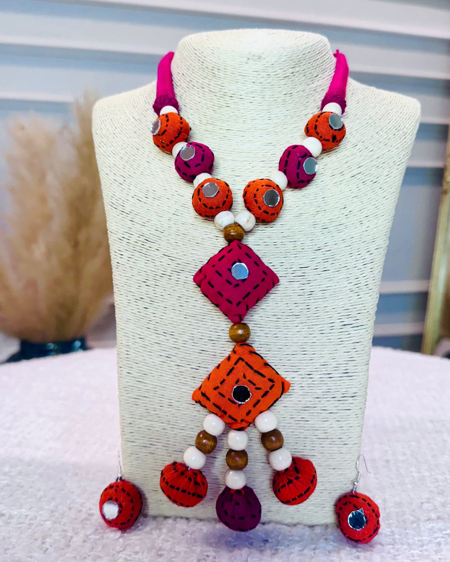 Artisan Kantha Stitch Beaded Necklace Set with Geometric Pendant