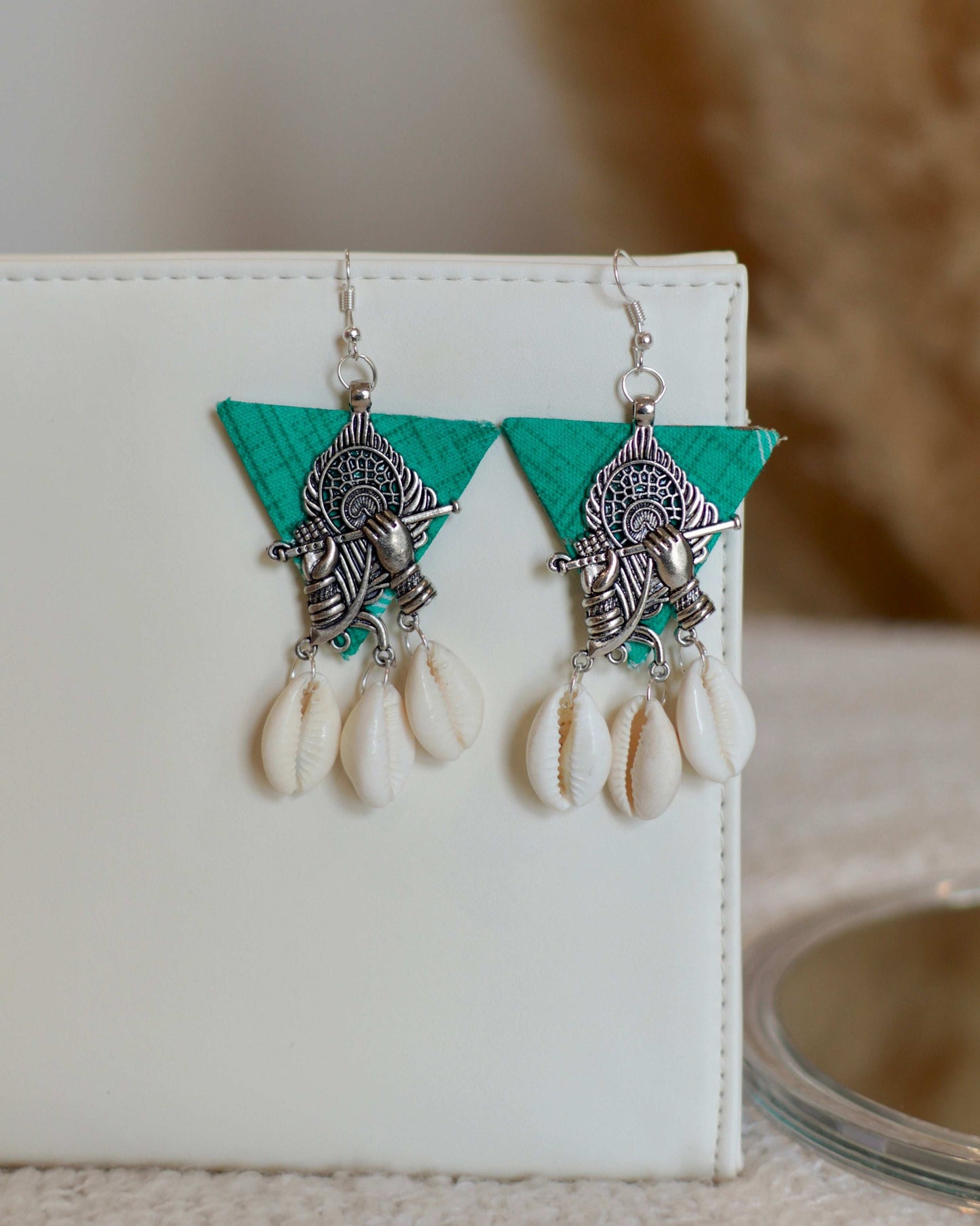 Artisan Triangle Drop Earrings with Cowrie Shell & Fabric - Occean By Soumali