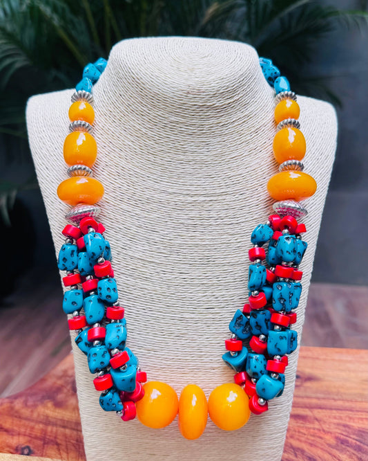 Boho Chunky Bead Statement Necklace - Turquoise & Amber