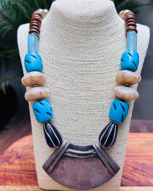 Boho Tribal Statement Necklace with Metal, Wood and Resin Beads