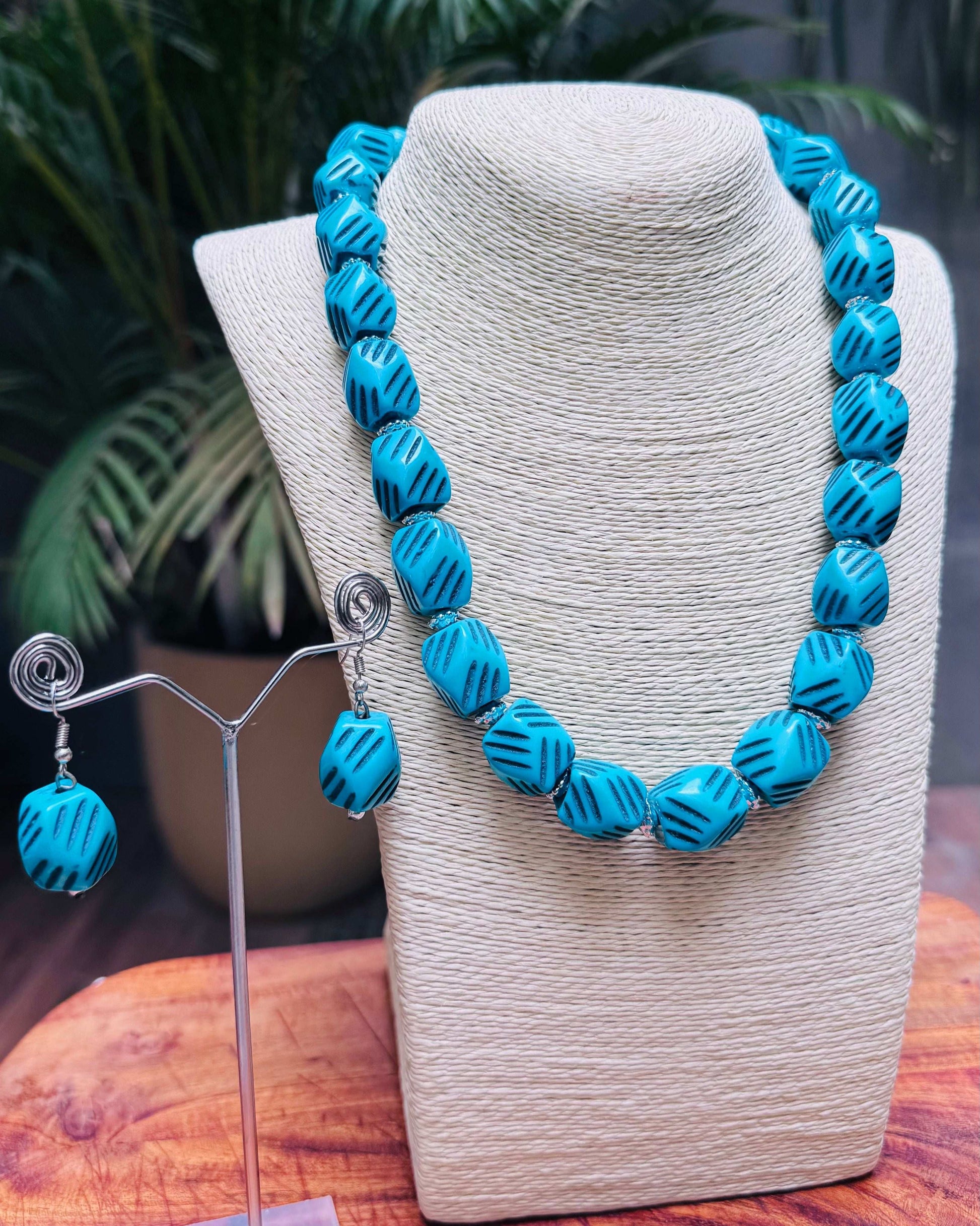Boho Turquoise Bead Necklace with Matching Earrings - Occean By Soumali