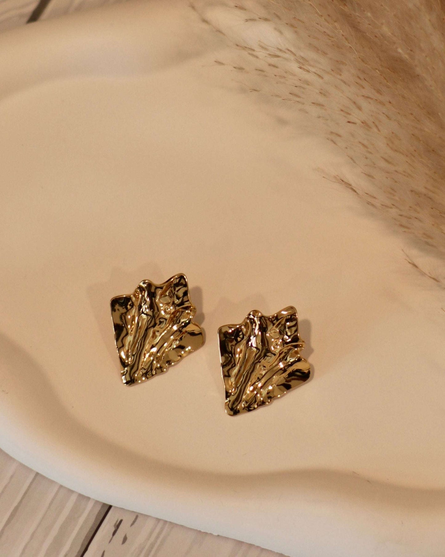 Crumpled Gold-Plated Leaf Stud Earrings - Occean By Soumali
