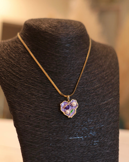 Dainty Gold Necklace with Purple Heart, Pearl & Green Accent