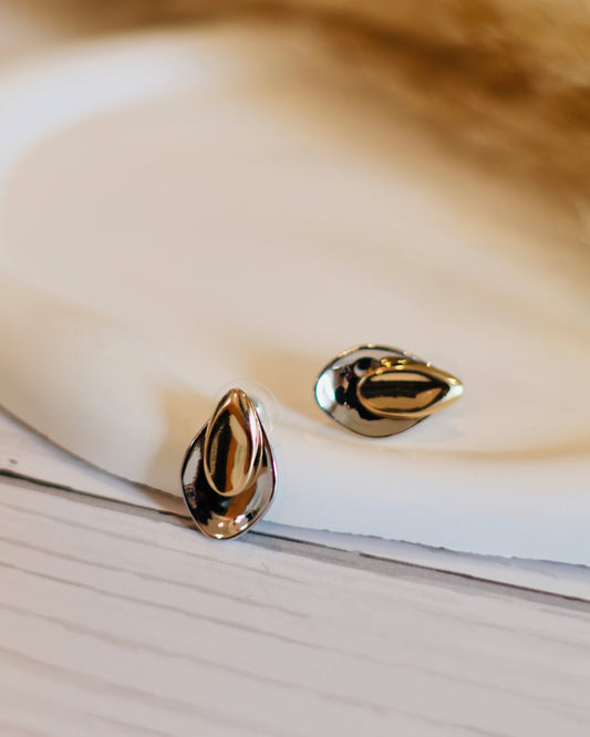 Dual Tone Modern Textured Leaf-Shaped Earrings