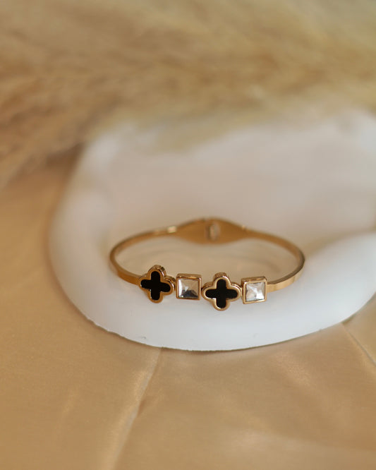 Elegant 18K Gold Plated Anti-Tarnish Clover Bangle with Black Enamel and Crystal Accents
