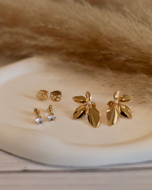 Elegant Gold Floral Studs with Clear Gemstone - Set of 3