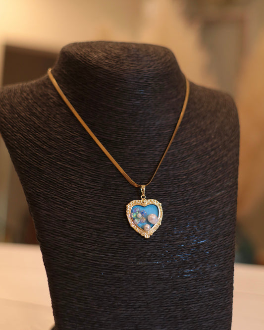 Elegant Gold Herringbone Necklace with Hand-Painted Blue Heart Pendant