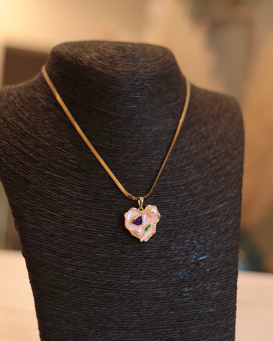 Elegant Gold Herringbone Necklace with Hand-Painted Pink Heart Pendant