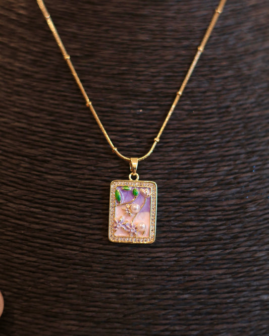 Elegant Hand-Painted Floral Pendant Necklace with Pearls & Rhinestones