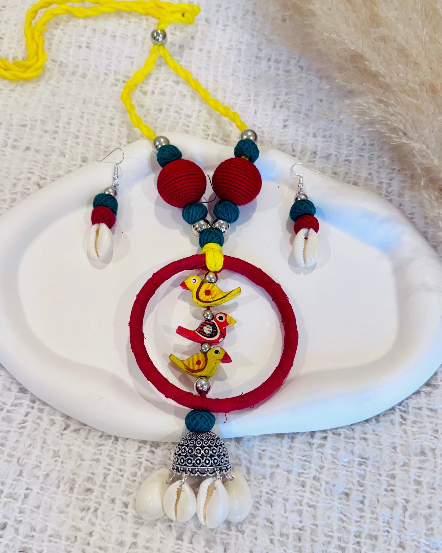 Handcrafted Bird & Cowrie Necklace with Matching Earrings
