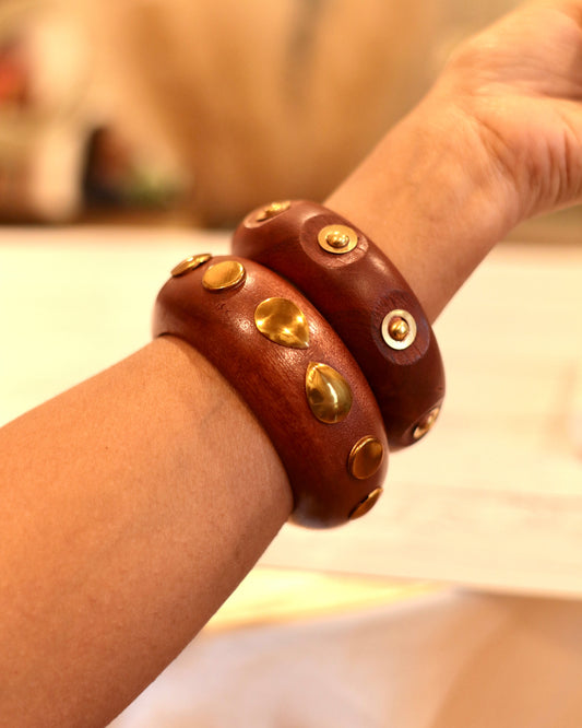 Handcrafted Brown Wooden Bangles with Brass Charms (Set of 2)