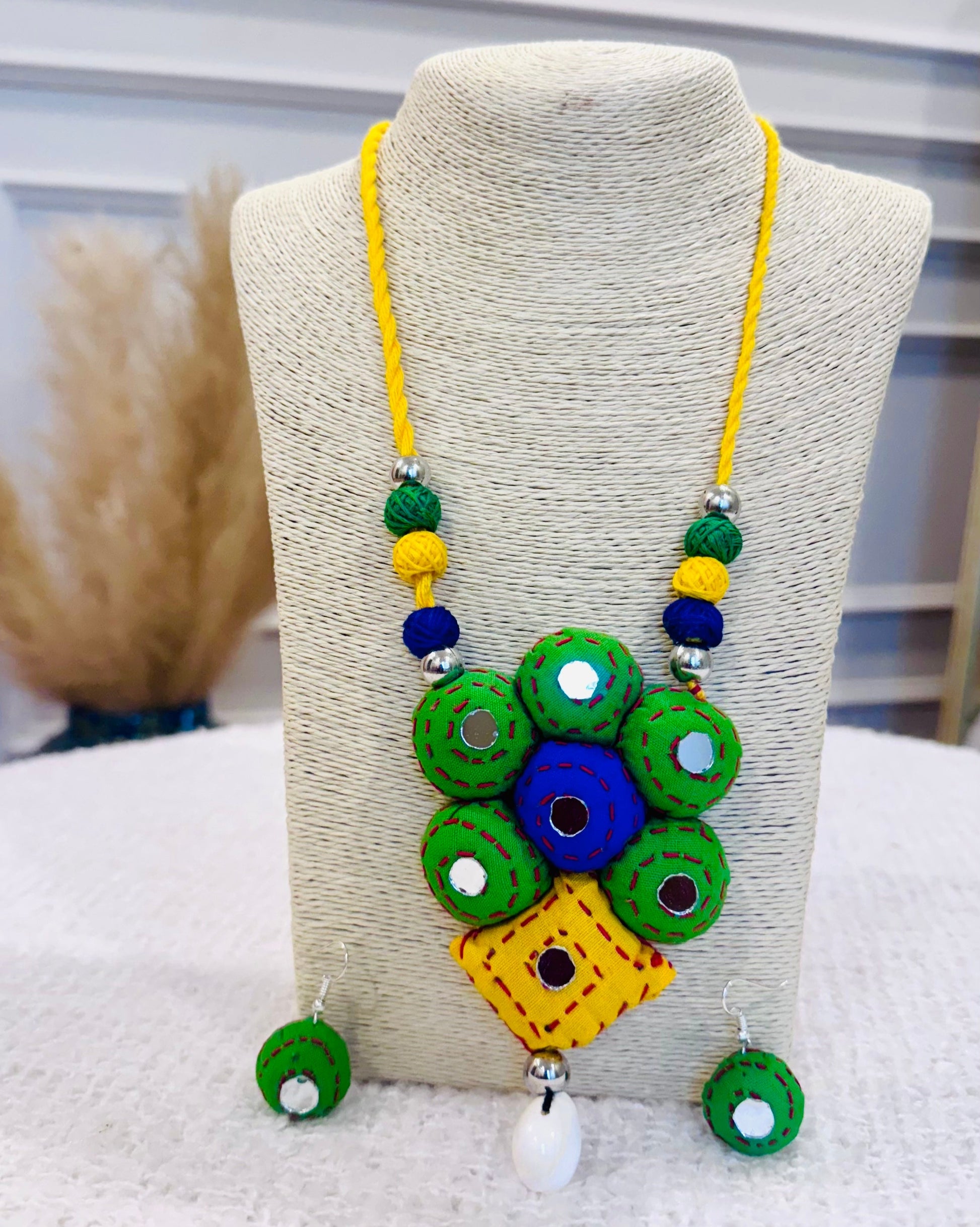 Handcrafted Kantha Stitch Fabric Necklace with Matching Earrings - Occean By Soumali