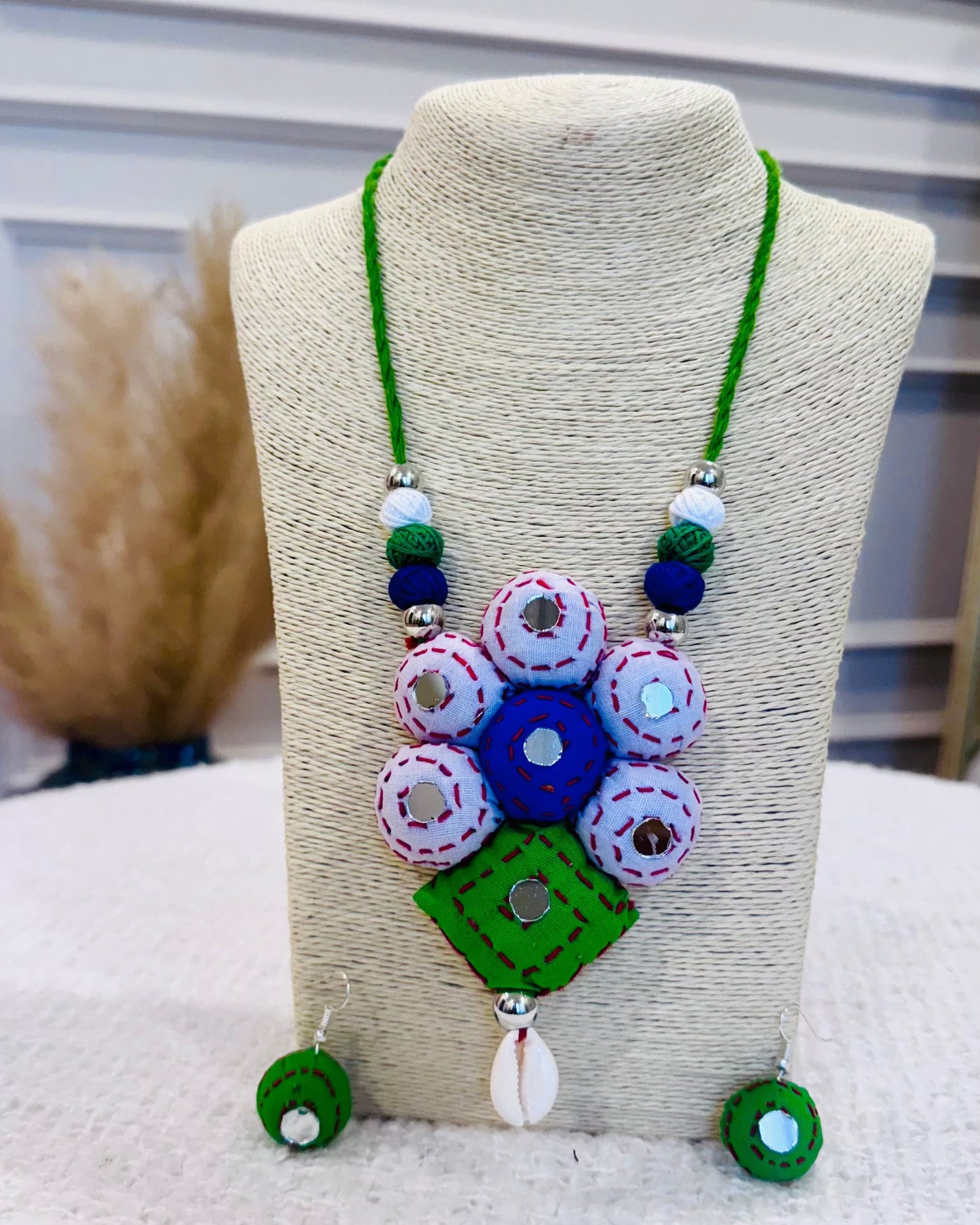 Handcrafted Kantha Stitch Fabric Necklace with Matching Earrings - Occean By Soumali