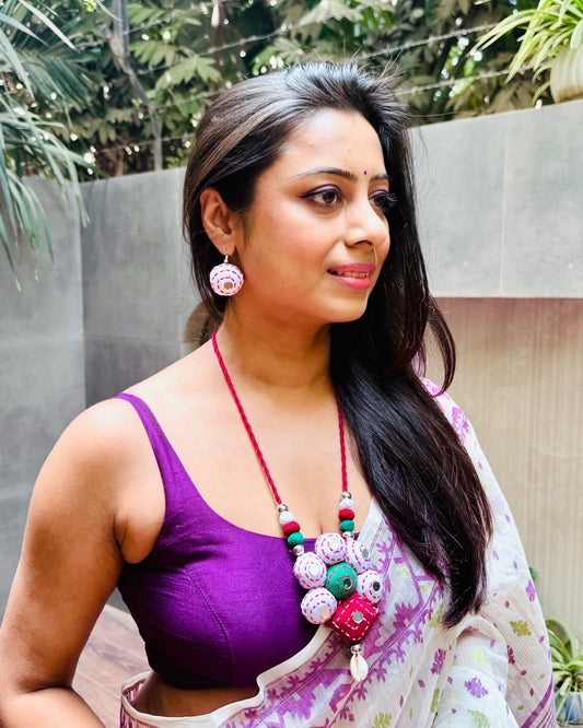 Handcrafted Kantha Stitch Fabric Necklace with Matching Earrings - Occean By Soumali