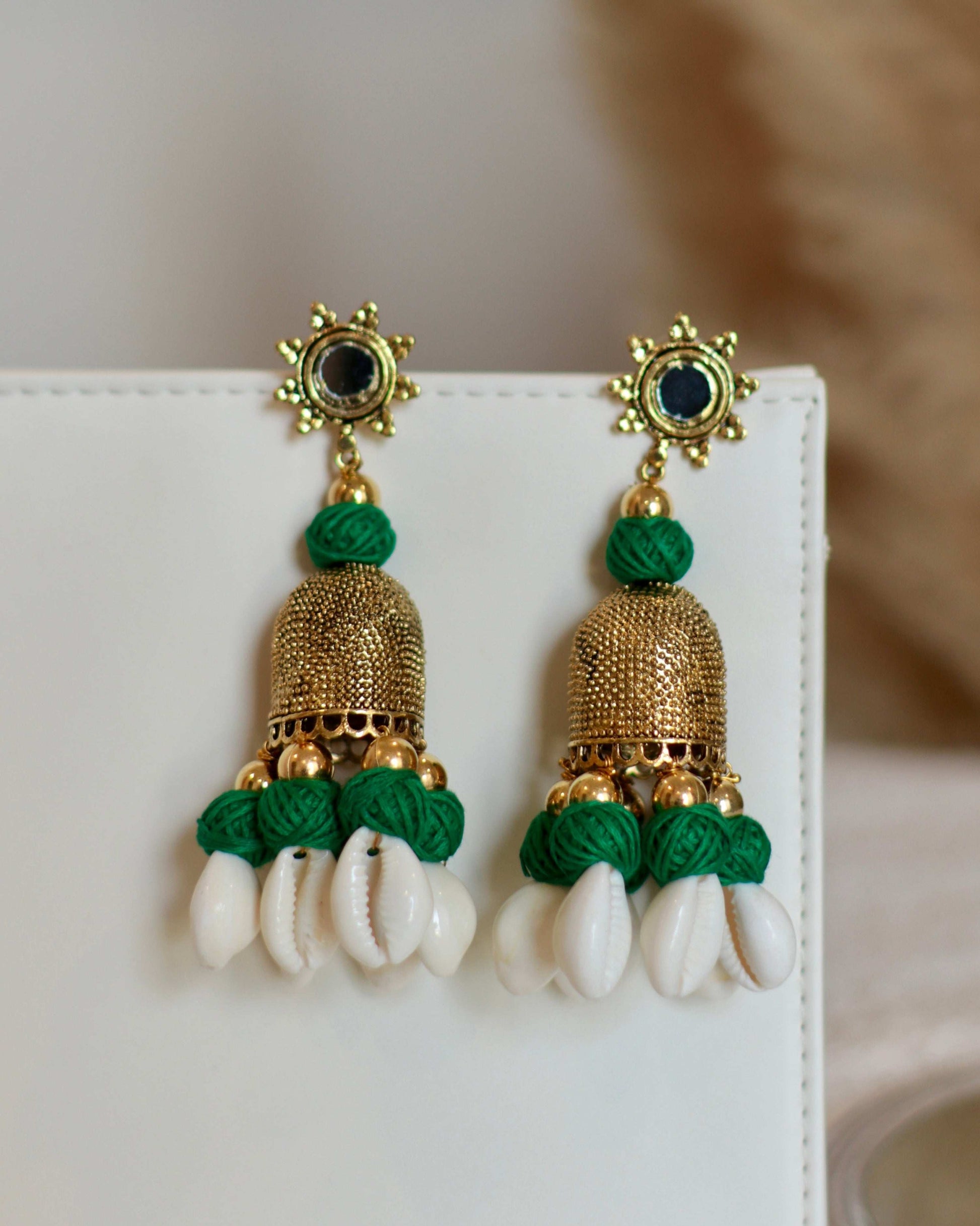 Handcrafted Mirror and Bell Earrings with Thread & Cowrie - Occean By Soumali