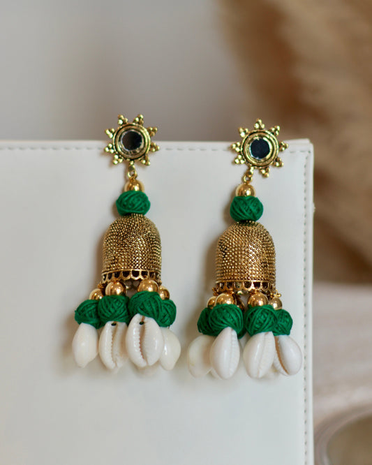Handcrafted Mirror and Bell Earrings with Thread & Cowrie