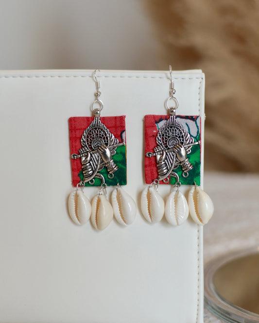 Handmade Fabric & Cowry Rectangle Earring with Metal Flute Design