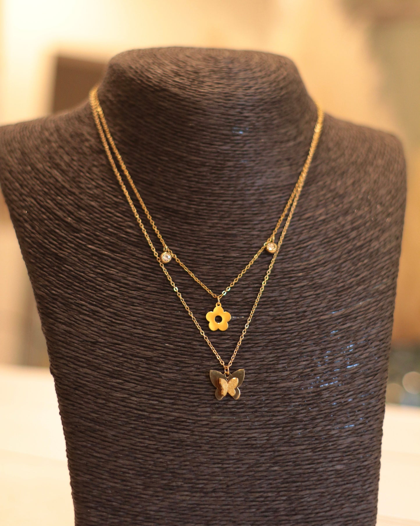 Layered Butterfly & Flower Charm Necklace Chain
