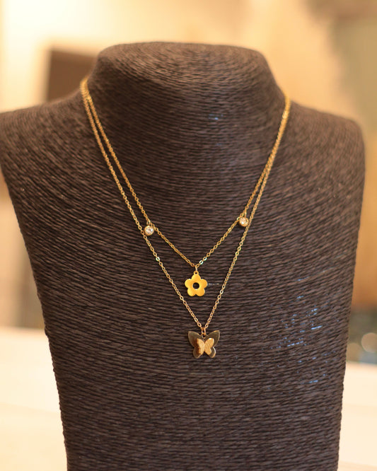 Layered Butterfly & Flower Charm Necklace Chain