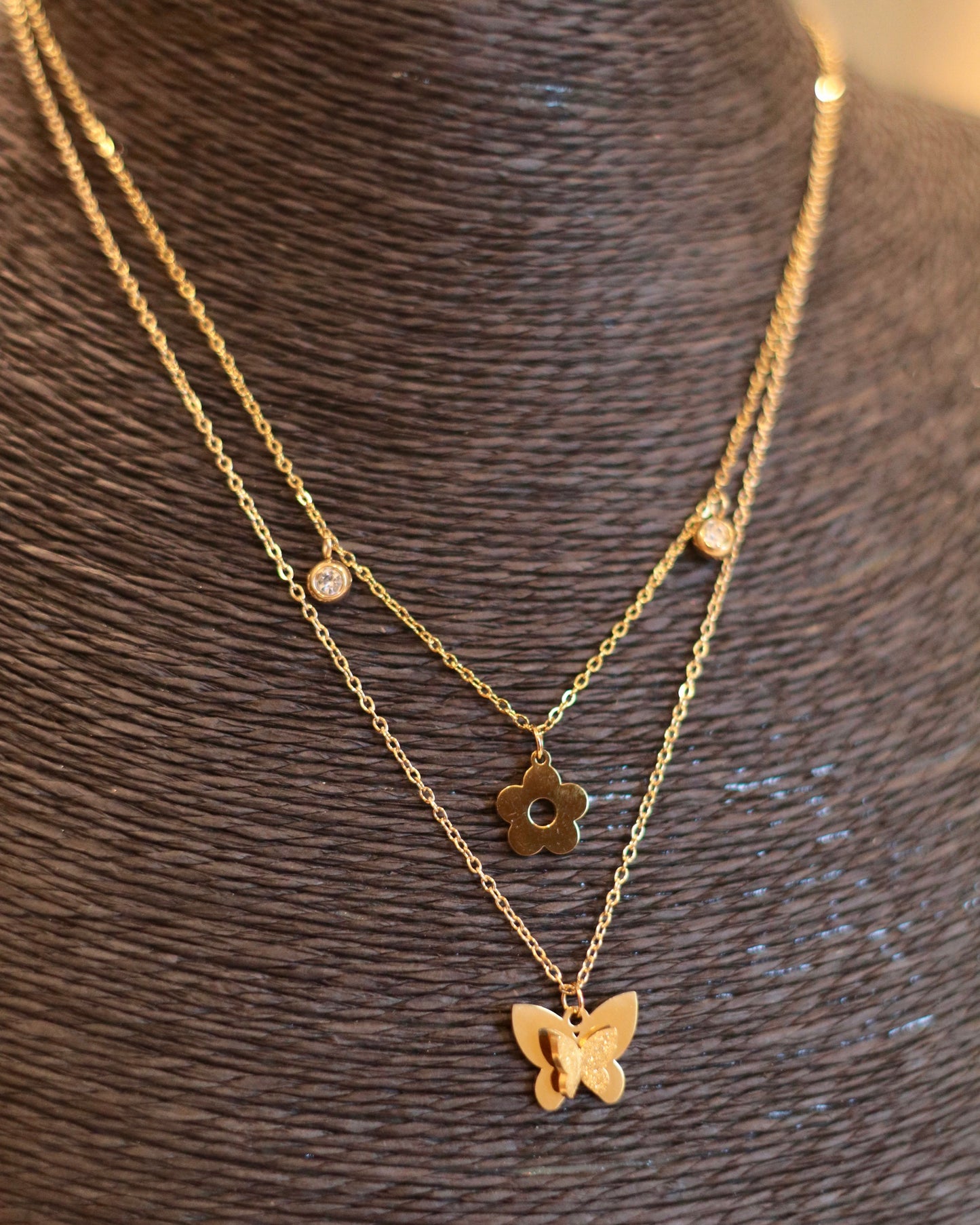 Layered Butterfly & Flower Charm Necklace Chain