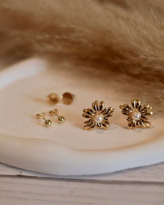 Modern Gold Flower & Ball Stud Set with Pearl Accent - Set of 3