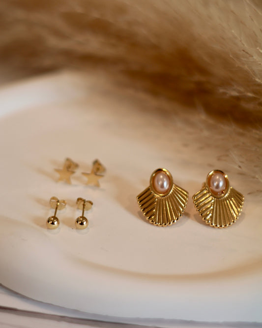 Modern Gold-Plated Shell & Pearl Studs - Set of 3