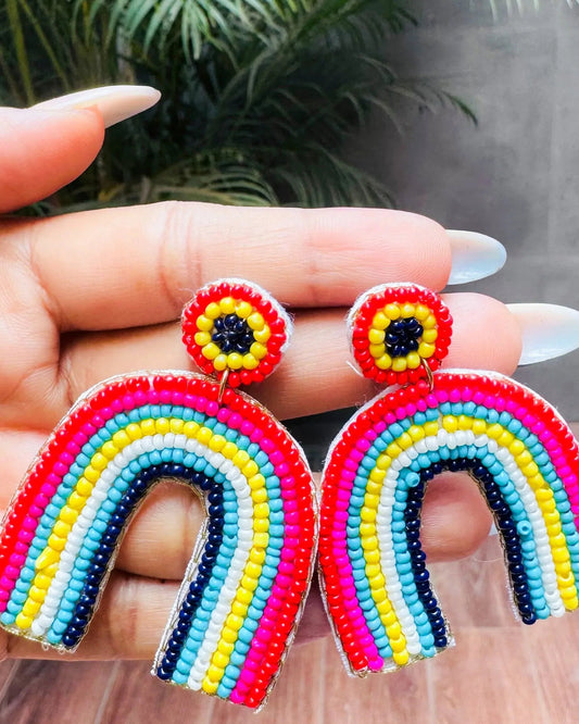 Colorful rainbow-shaped beaded earrings