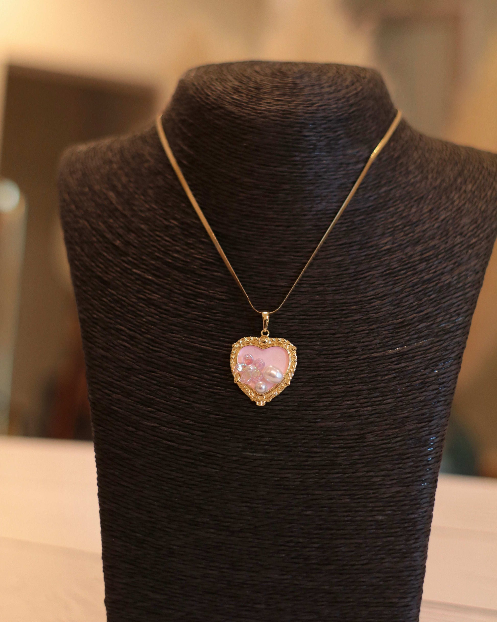 Romantic Gold Necklace with Pink Pearl Heart Charm - Occean By Soumali