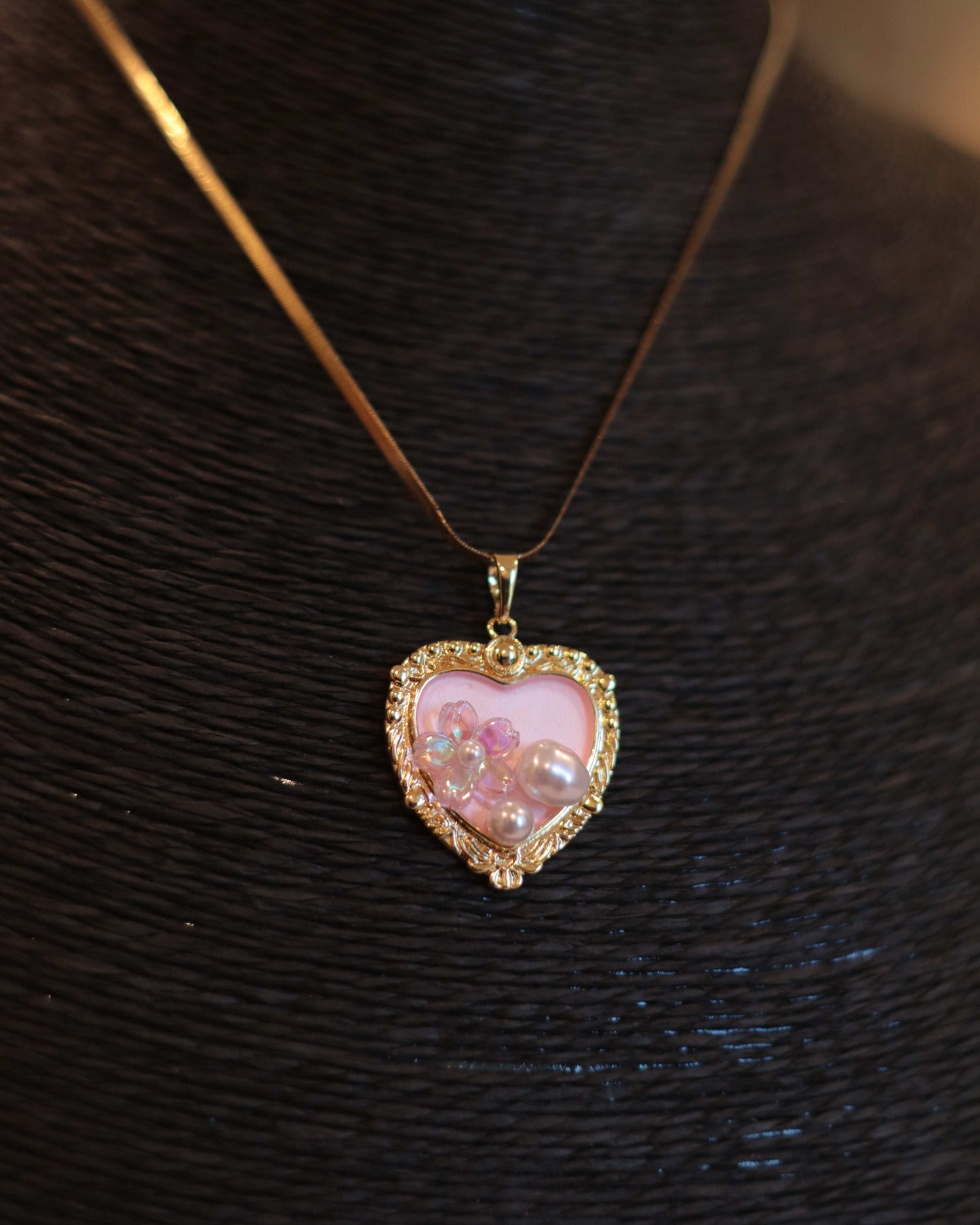 Romantic Gold Necklace with Pink Pearl Heart Charm - Occean By Soumali