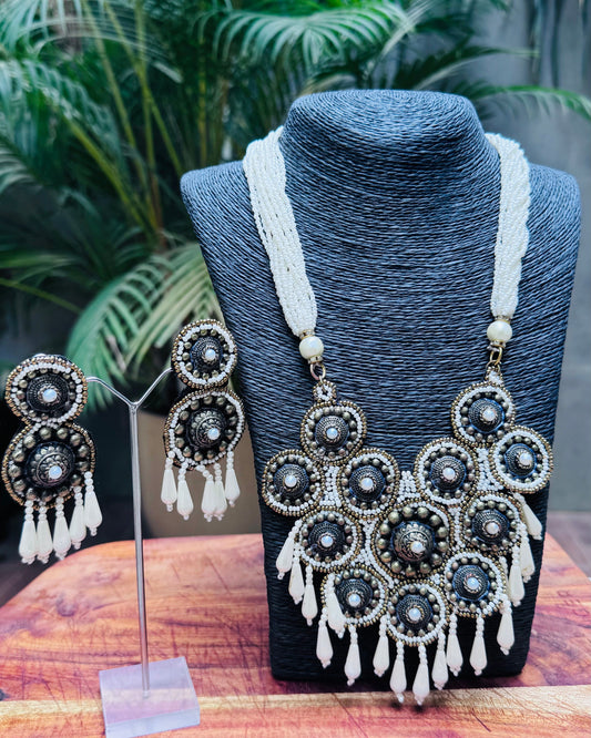 Statement Necklace and Long Earring Set with White & Bronze Beads