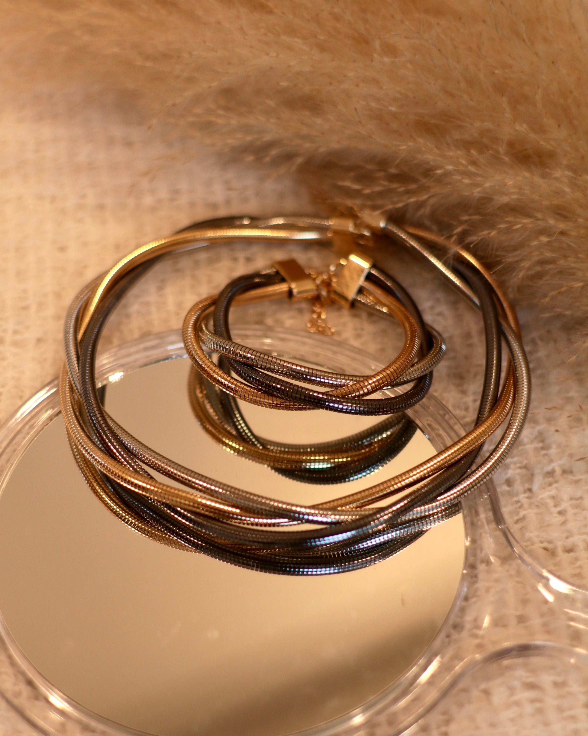 Stylish Gold, Silver & Gunmetal Braided Necklace and Bracelet - Set of 2 - Occean By Soumali