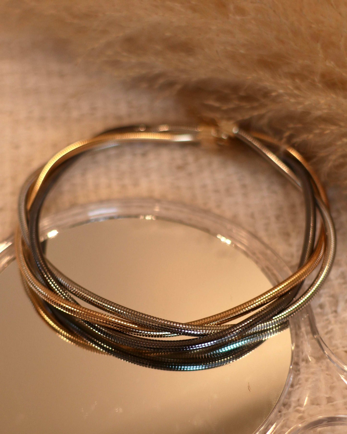 Stylish Gold, Silver & Gunmetal Braided Necklace and Bracelet - Set of 2 - Occean By Soumali