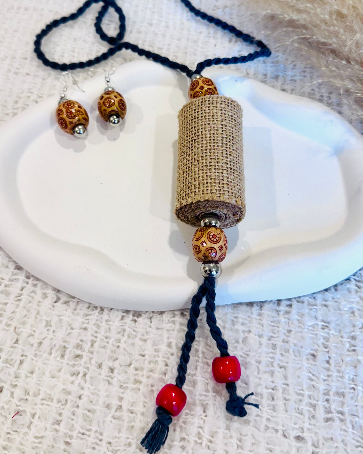 Tribal Beaded Jute Necklace and Earring Set