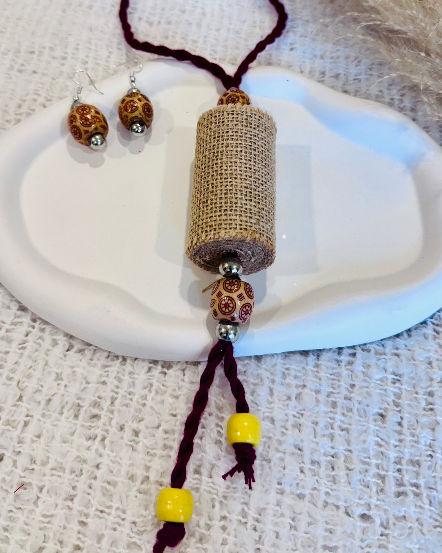 Tribal Beaded Jute Necklace and Earring Set