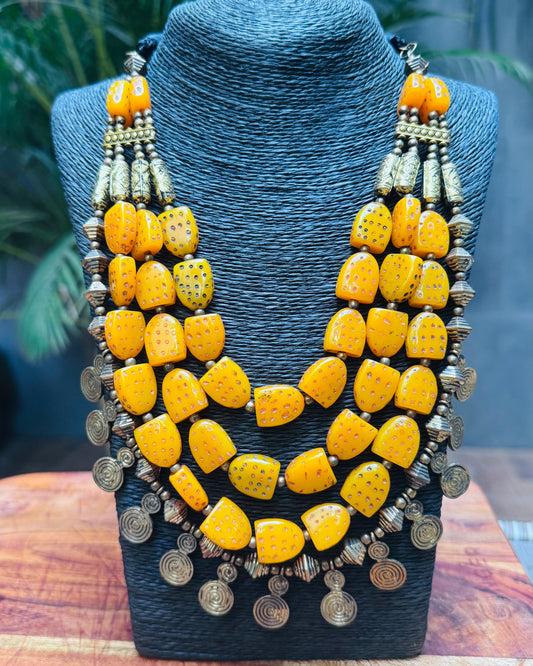Tribal Chunky Yellow Beaded Necklace with Silver Accents and Matching Earrings