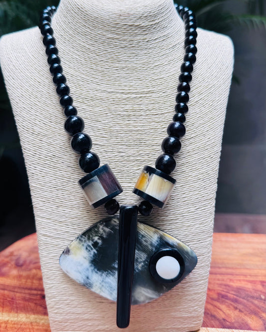 Tribal Statement Necklace with Horn Pendant & Wood Beads